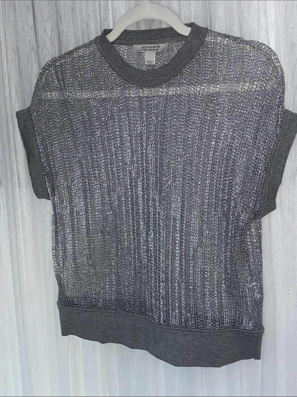 All Saints Giana Metallic Gray/Silver Sheer Short Sleeve Knit Top Size 8